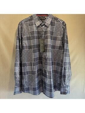 American Breed Smart Shirt Blue White Foil Geometric Long Sleeve Size Large NWT